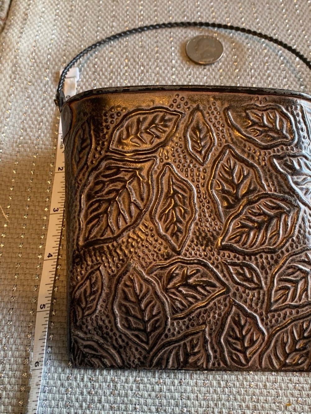 Embossed Leaf Metal Wall Pocket in Bronze Finish